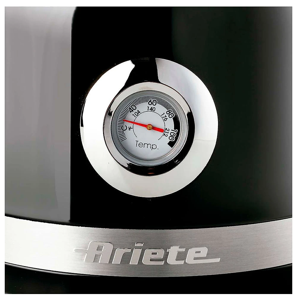 Ariete 2854, Chaleira Eletrica Moderna Preta, Aço Inoxidável, 1.7 L, Desligamento Automático, Base 360º, Termômetro Externo, 1850 Wats - 220V 220