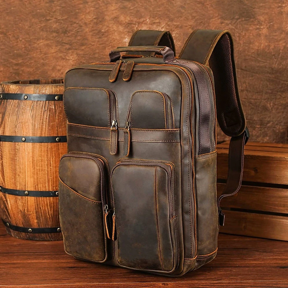 Mochila Masculina para Laptop de Couro, POLARE ORIGINAL, Marrom