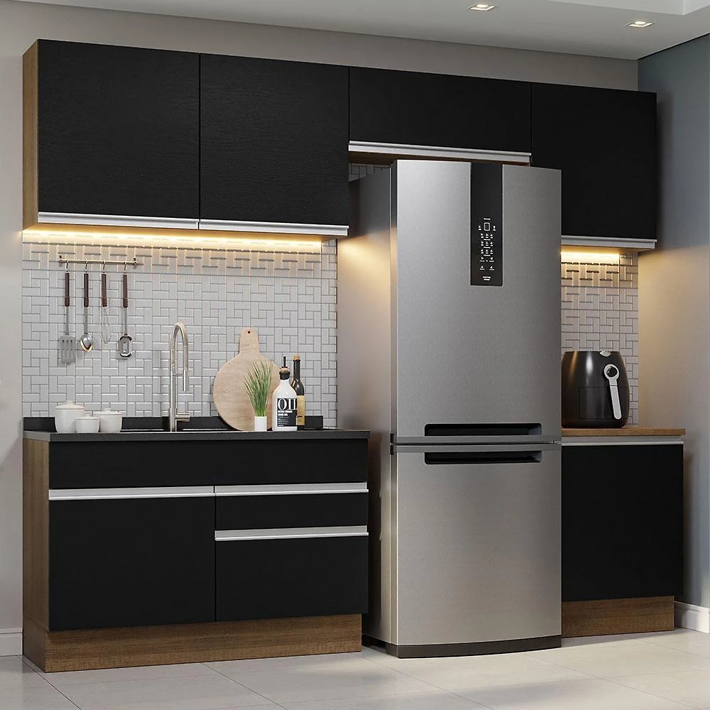 Armário De Cozinha 260Cm Rustic/Preto Glamy 05 Rustic/Preto
