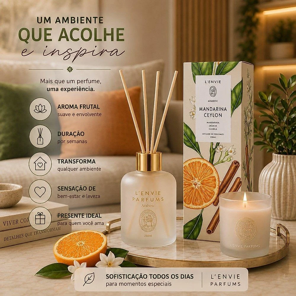 Refil Difusor de Perfume Mandarina Ceylon Aromatizante de Varetas Transparente L'envie 200ML