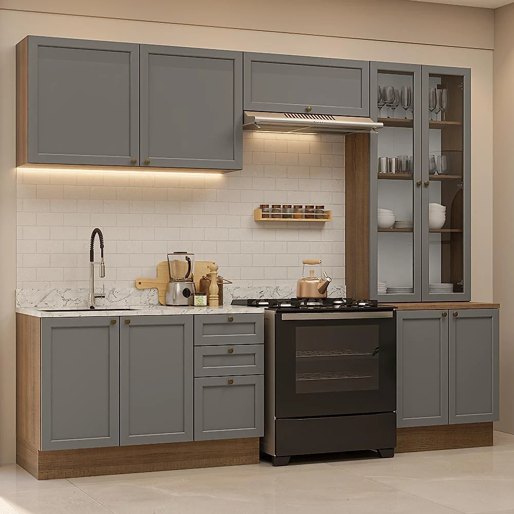 Armário de cozinha completa 270 cm rustic/cinza vik madesa 06