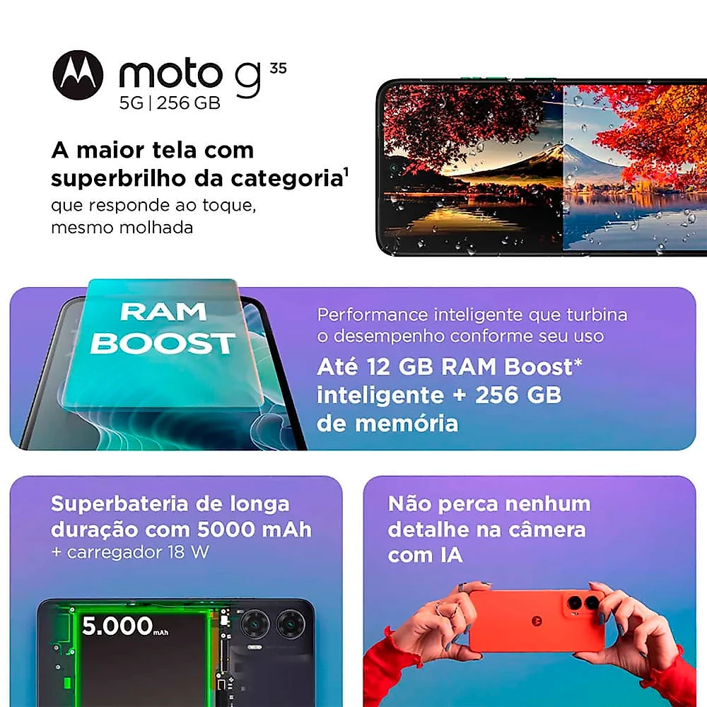 Smartphone Motorola Moto G35 5G 256GB 12GB Ram Boost e Camera 50MP com AI NFC Tela 6.7 com Superbrilho Cinza