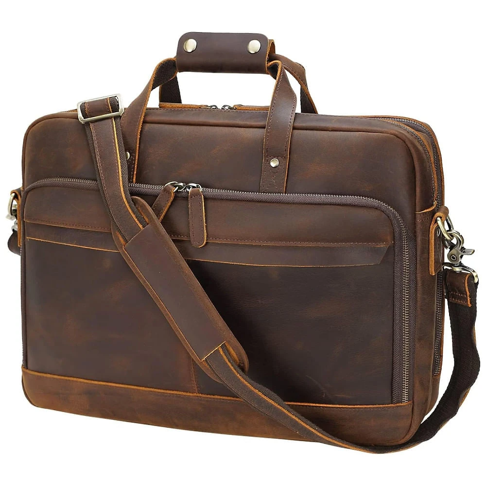Bolsa Carteiro Masculina de Couro Grão Integral para Laptop com 17 Polegadas, Masa Kawa, Marrom