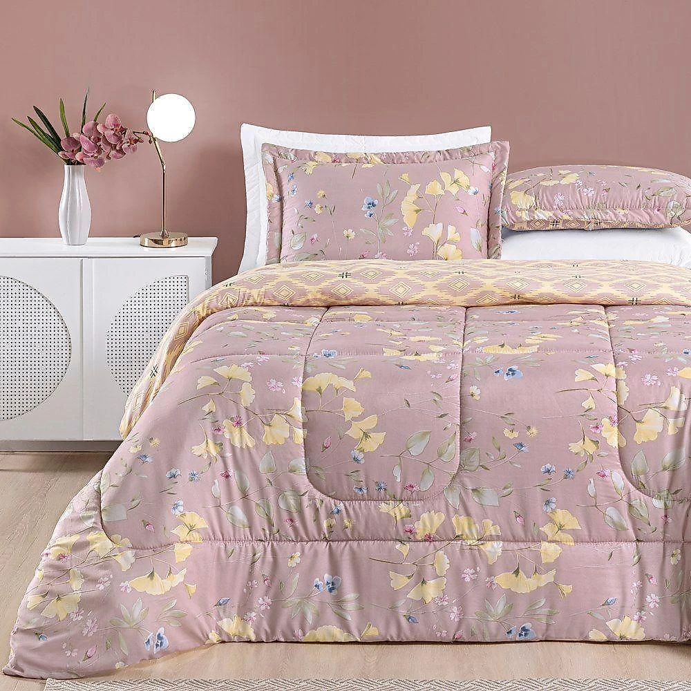 Edredom 2,40m X 2,20m + Jogo De Cama Dupla Face Bouti Queen 07 Peças 100% Poliéster - Lavanda