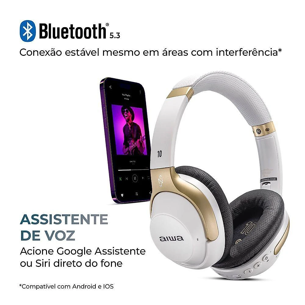 Headphone Aiwa Neymar Anc Branco/dourado Aws-hp-nj-01-wg Fone De Ouvido Aws-hp-nj-01-wg Bivolt