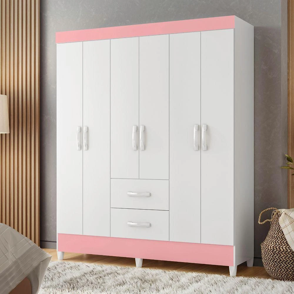 Guarda Roupa Casal Meraki 6 Portas 2 Gavetas MDP Branco Rosa Albatroz Móveis