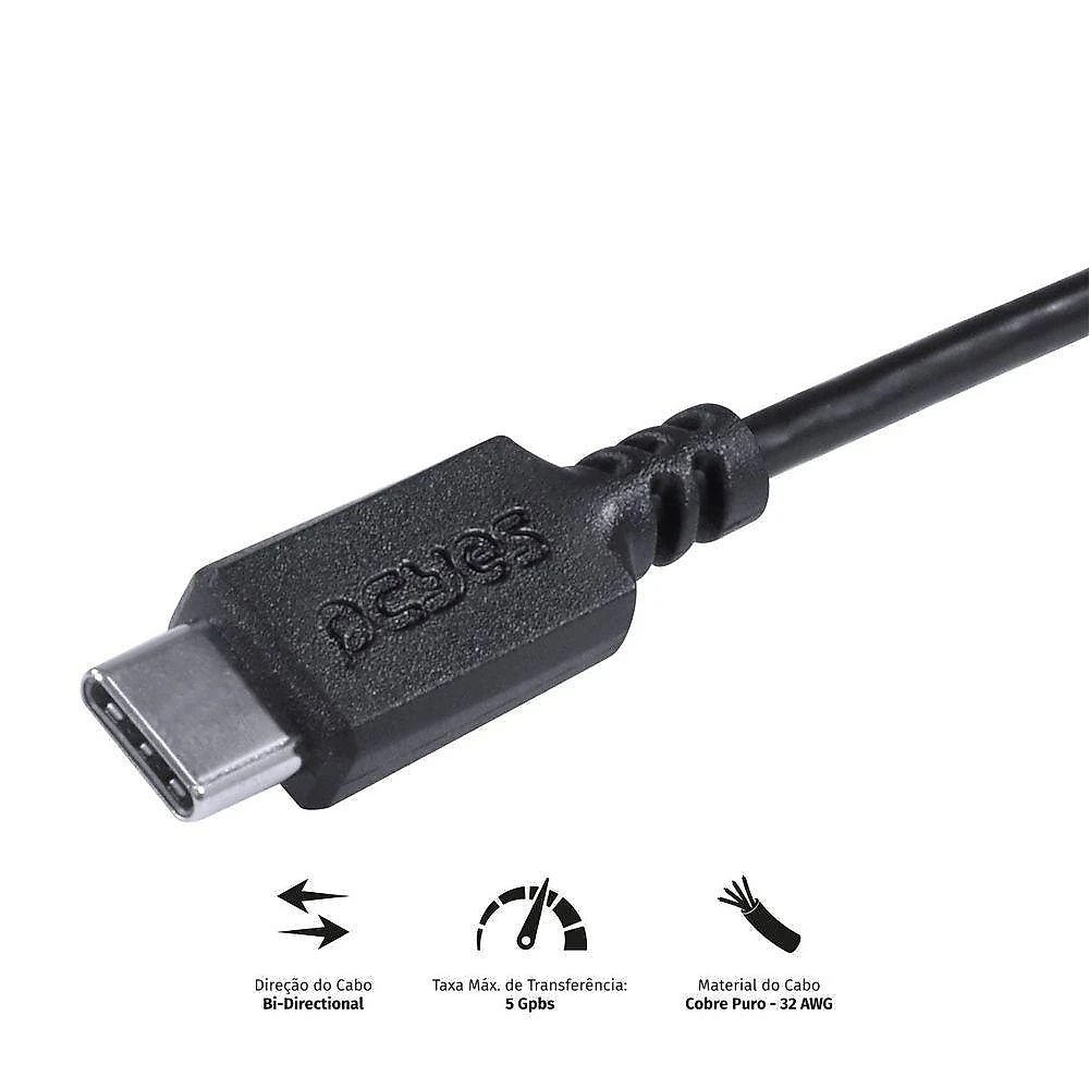 Cabo Usb Tipo C para Mini Usb 2.0 1 Metro Preto para Sincronização e Carregamento Pcyes