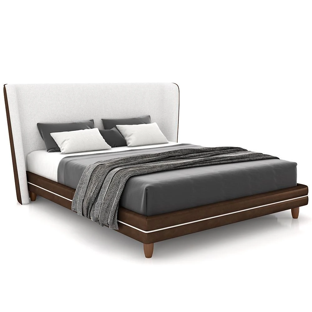 Cabeceira Casal Nilo 140cm Com Cama Pés Madeira Suném P05 Couríssimo Marrom Bouclê Cru - Lyam Decor