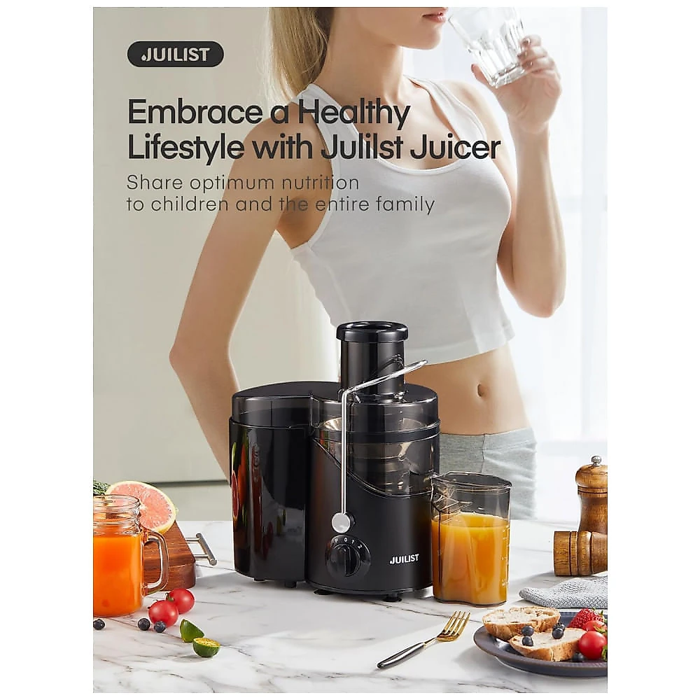 Extrator de Sucos Juilist, Juicer de Boca Larga de 7,62 cm, para Frutas e Vegetais com 3 Velocidades, Motor de 400W, Fácil de Limpar, Preto