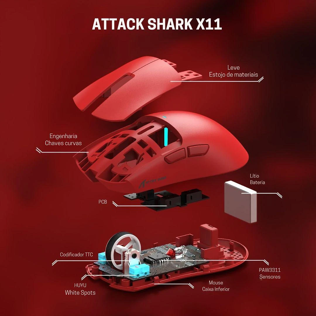 Miniatura Mouse Gamer Attack Shark X11, Red, 22000Dpi, Rgb, Tri-Mode