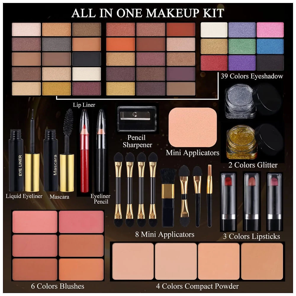 Miniatura Kit de Maquiagem Profissional Completo MORNECA com Espelho 58 Cores Tudo em Um Sombra Blush Pó Batom Eyeliner Máscara para Mulheres