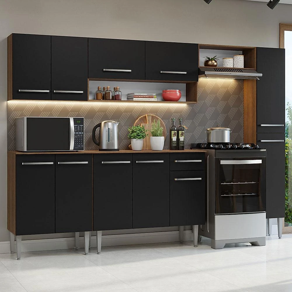 Armário de cozinha compacta 261 cm rustic/preto emilly madesa 09