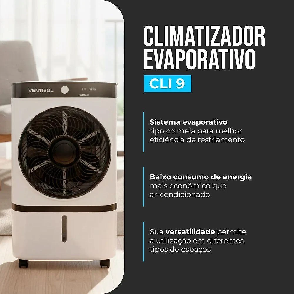 Climatizador Evaporativo Cli09 Ventisol 9 L Gelo Filtro Colmeia Portátil Silencioso 65w Residencial E Comercial 110V
