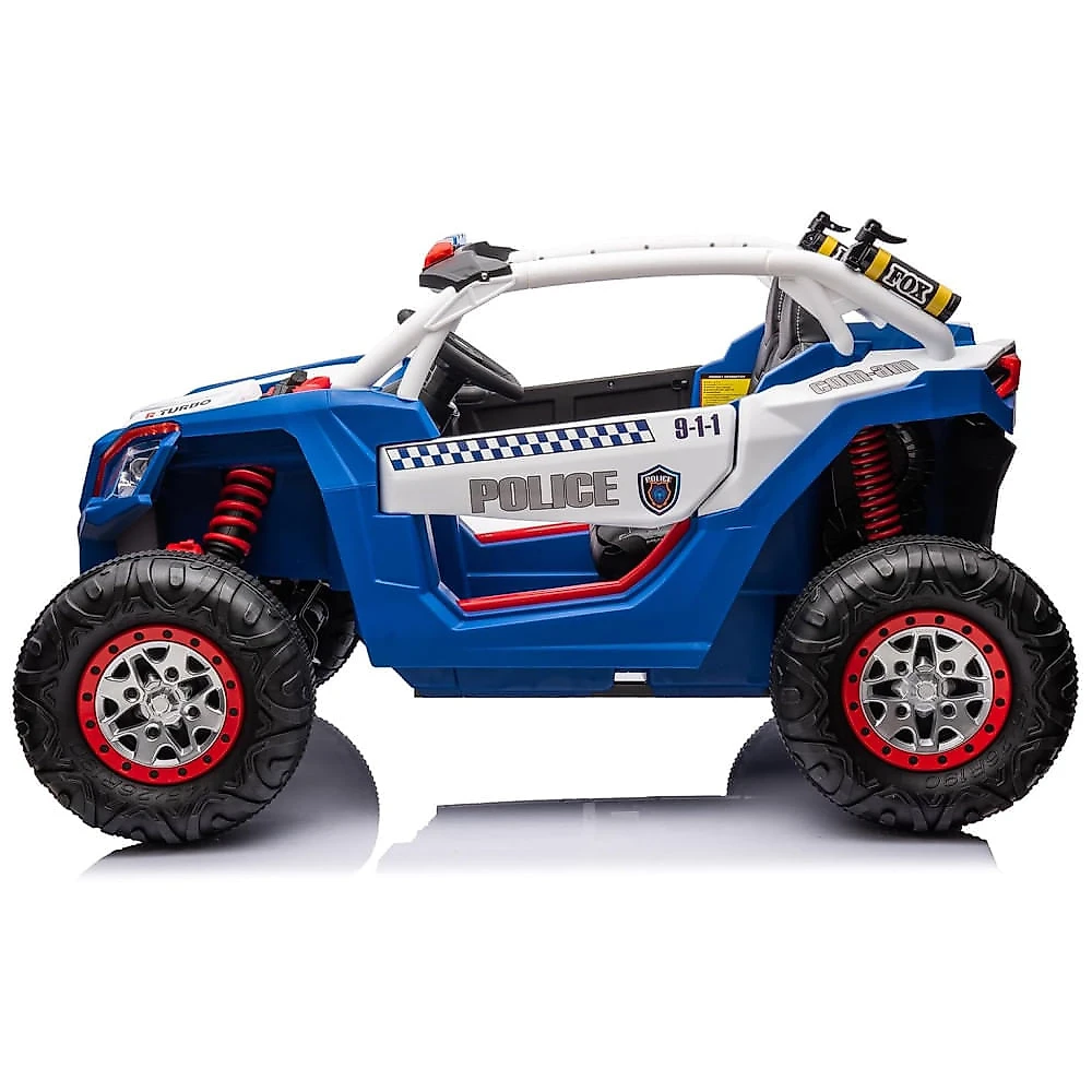 Carro Elétrico Infantil, Jeep da Policia com Controle Remoto, 2 Lugares, 4 Amortecedores, Bancos de Couro, Música e Luzes LED, 24V, Hetoy, Azul e 110v