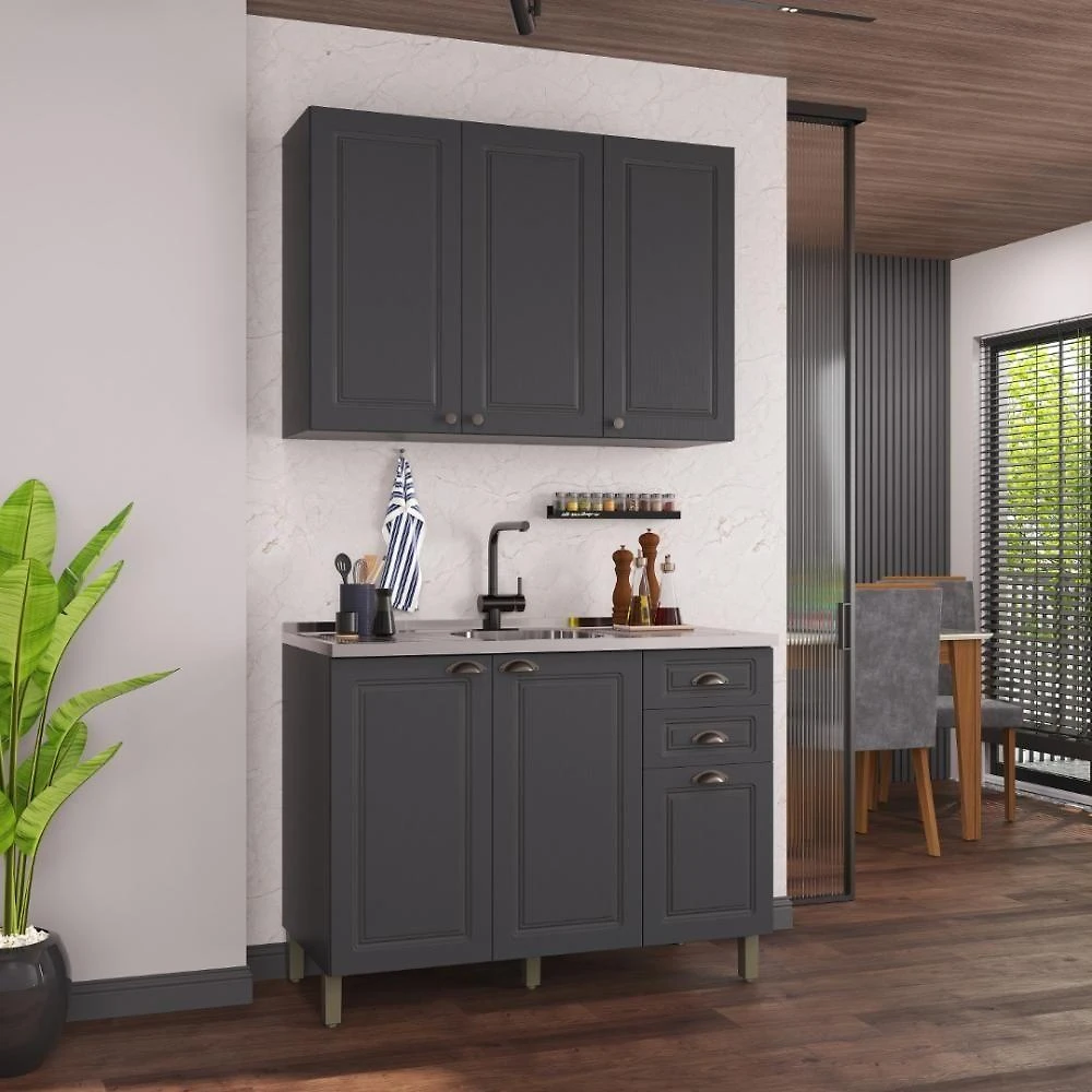 Armário de Cozinha Modulada Compacta Nara 6 Portas 2 Gavetas MDF 120CM Chumbo Fidelita Móveis