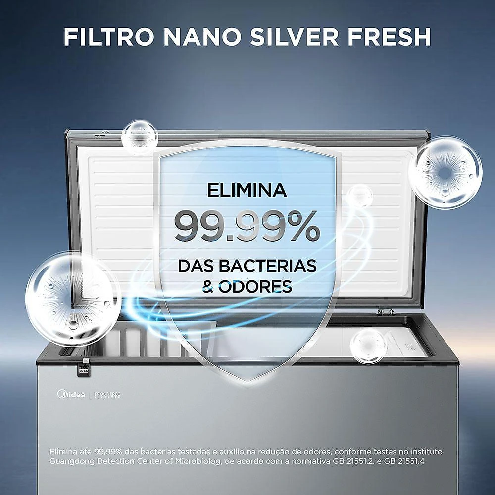 Freezer Horizontal Midea MDRC321FFA503 Frost Free 234L Inverter Filtro Nano Silver Fresh Prata Bivolt