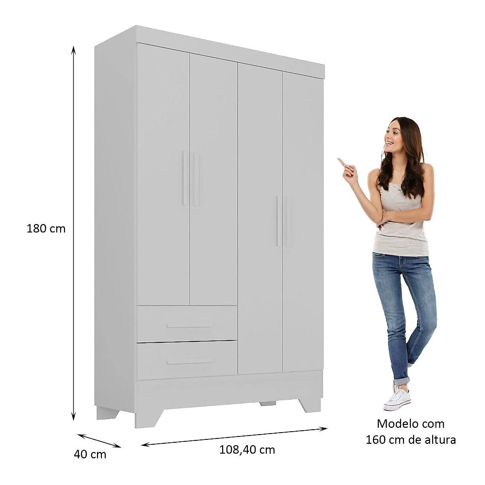 Quarto de Bebê Completo Guarda Roupa 4 Portas 2 Gavetas com Cômoda e Berço Lily Espresso Móveis Branco