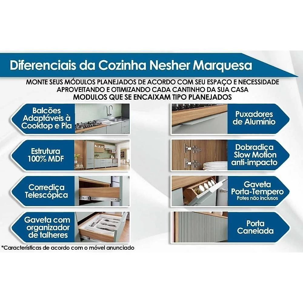 Cozinha Modulada Nesher Marquesa 4 Peças (2aéreos+2balcões) C4p24 Nogueira-nesher