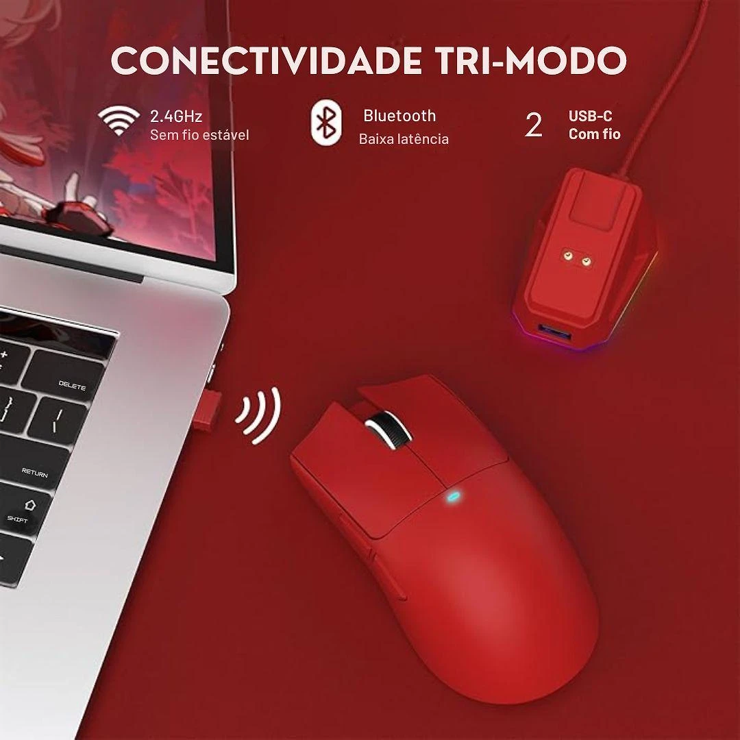 Mouse Gamer Attack Shark X11, Red, 22000Dpi, Rgb, Tri-Mode
