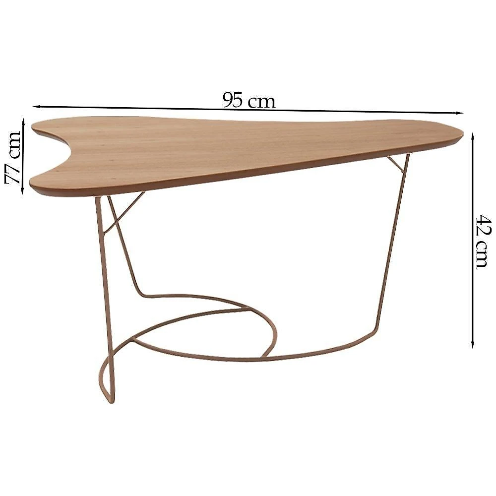 Mesa De Centro Boomerang Madeira Amendoa Base Metal Cobre Nacc Amendoa Cobre