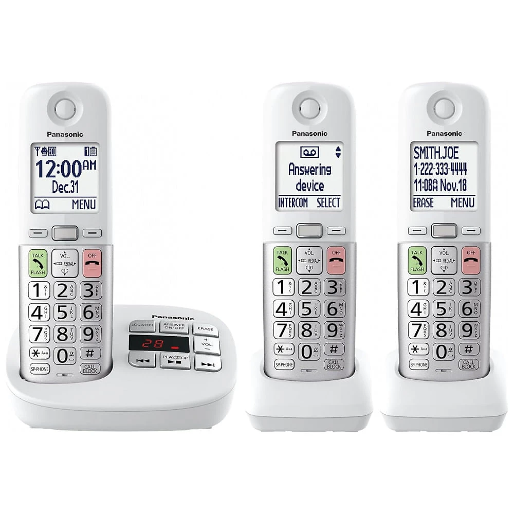 Telefone Sem Fio Panasonic Branco Display 5,3 cm Botões Grandes Tecla Favoritos Lanterna Bloqueio Chamadas Boost Volume ID Falante 3 Terminais