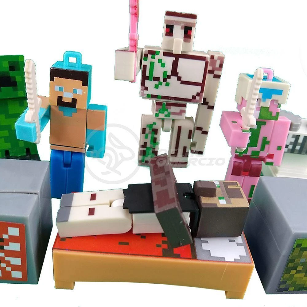 Kit Cartelado Conj. Minecraft 2 Bonecos+1 Villager+1 Enderman+1 Creeper+1 Cama+Espadas