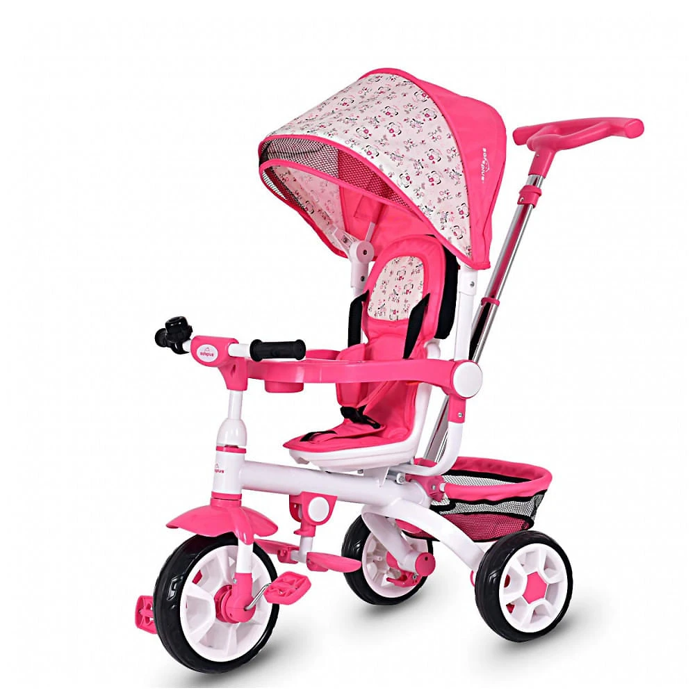 Triciclo Infantil 4 em 1 com Alça Removível, Sino, Assento Giratório e Cesta de zenamento para Crianças de 1 a 5 ano...