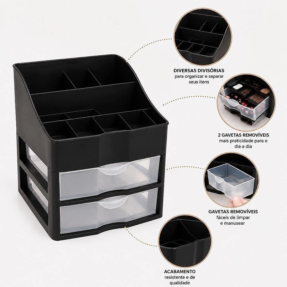 Organizador de Cosmético Porta Maquiagem Nitron com Divisórias e 2 Gavetas Removíveis
