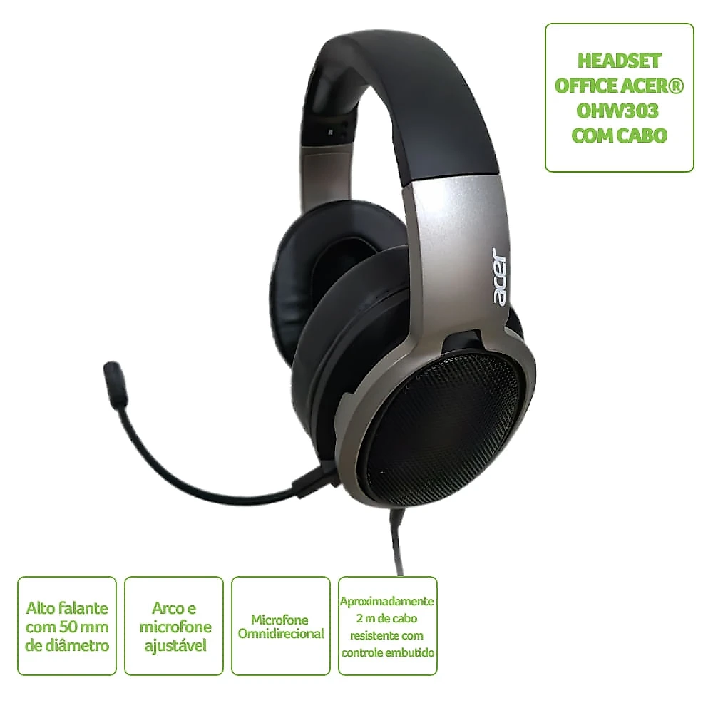 Headset Acer Office Ergonômico com Microfone omnidirecional e cabo