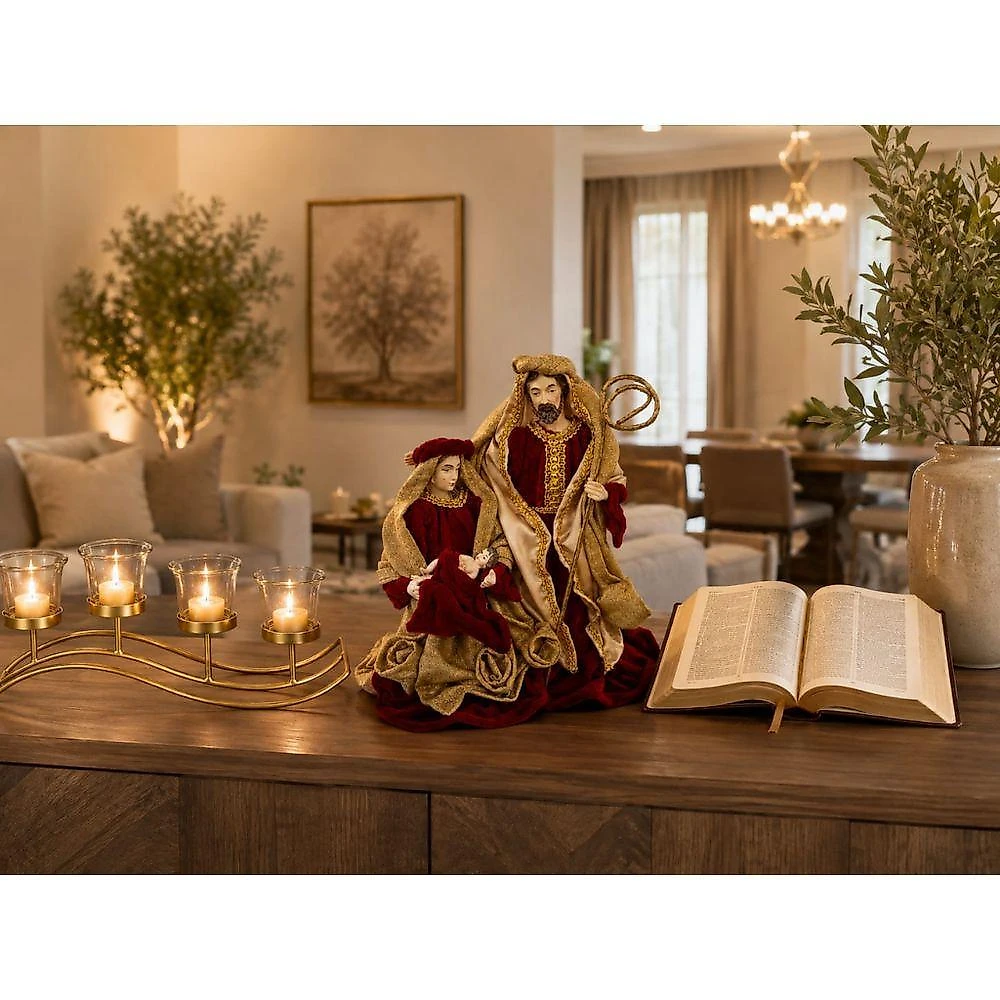 Decoracao Sagrada Familia em Veludo Juta Resina Natal Vermelho Tuut 26cm