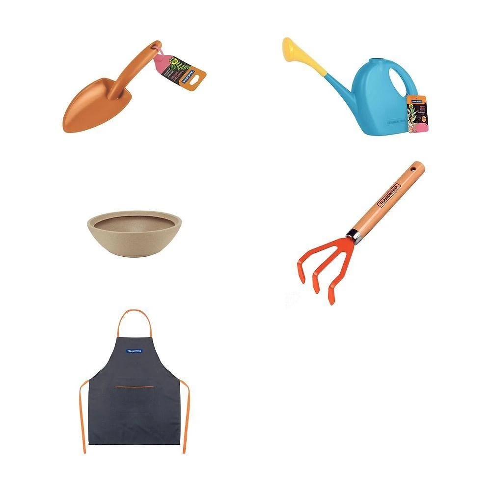 Kit Infantil Criança Plantando com Pá Regador Vaso Ancinho e Avental Laranja Tramontina
