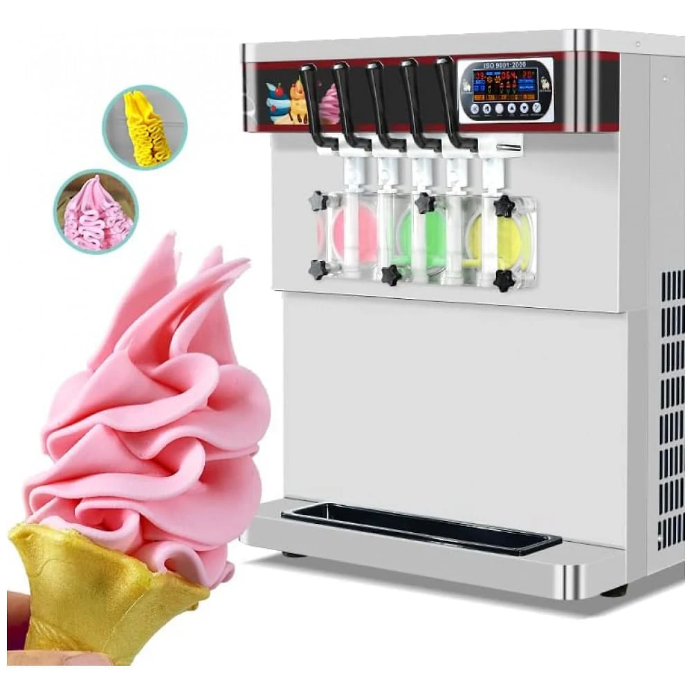 Máquina de Sorvete Profissional em Aço Inoxidável 40L por Hora com 5 Bicos e Tela LCD, 110V 2000W, Kolice, Prata