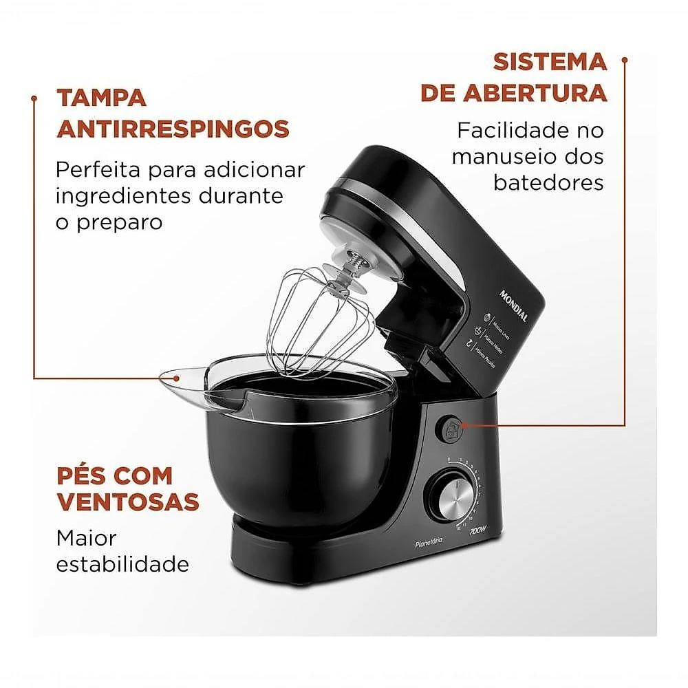 Batedeira Planetária BP-03-B 4,5 Litros 700W com 12 Velocidades Preta 110V