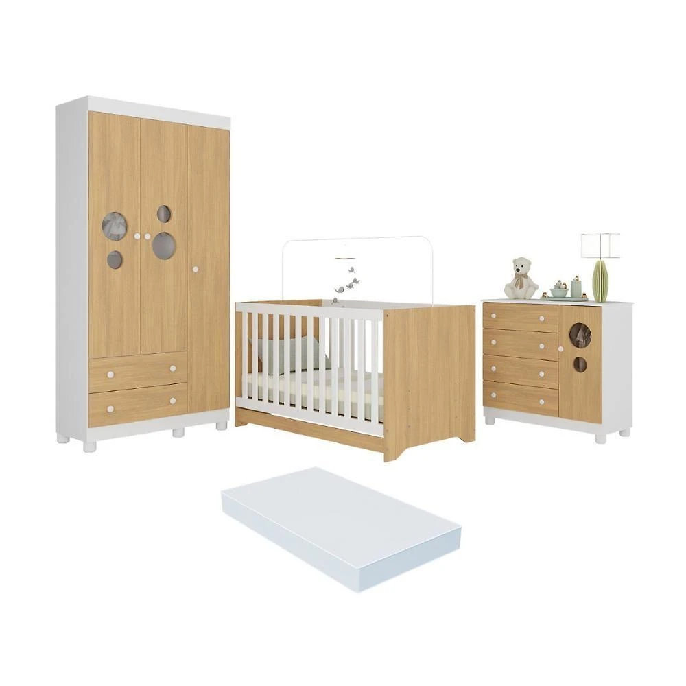 Quarto De Bebê Completo Berço Americano 3 Em 1 Colchão Bombom Multimóveis MP4638 Branco-madeirado