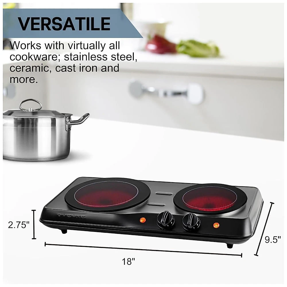 Cooktop Duplo Infravermelho OVENTE, 1700W, Placa Elétrica Portátil com Cooktop de Vidro Cerâmico de 19,7cm e 17,1cm, 5 Níveis de Ajuste de