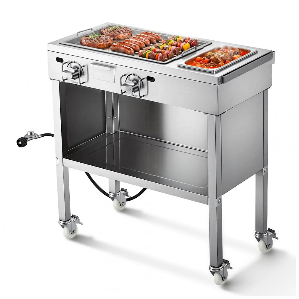 Chapa a Gás VEVOR GPL-500-1T 2 Queimadores 23.200 BTU Inox 4 Rodas com Trava Uso Externo