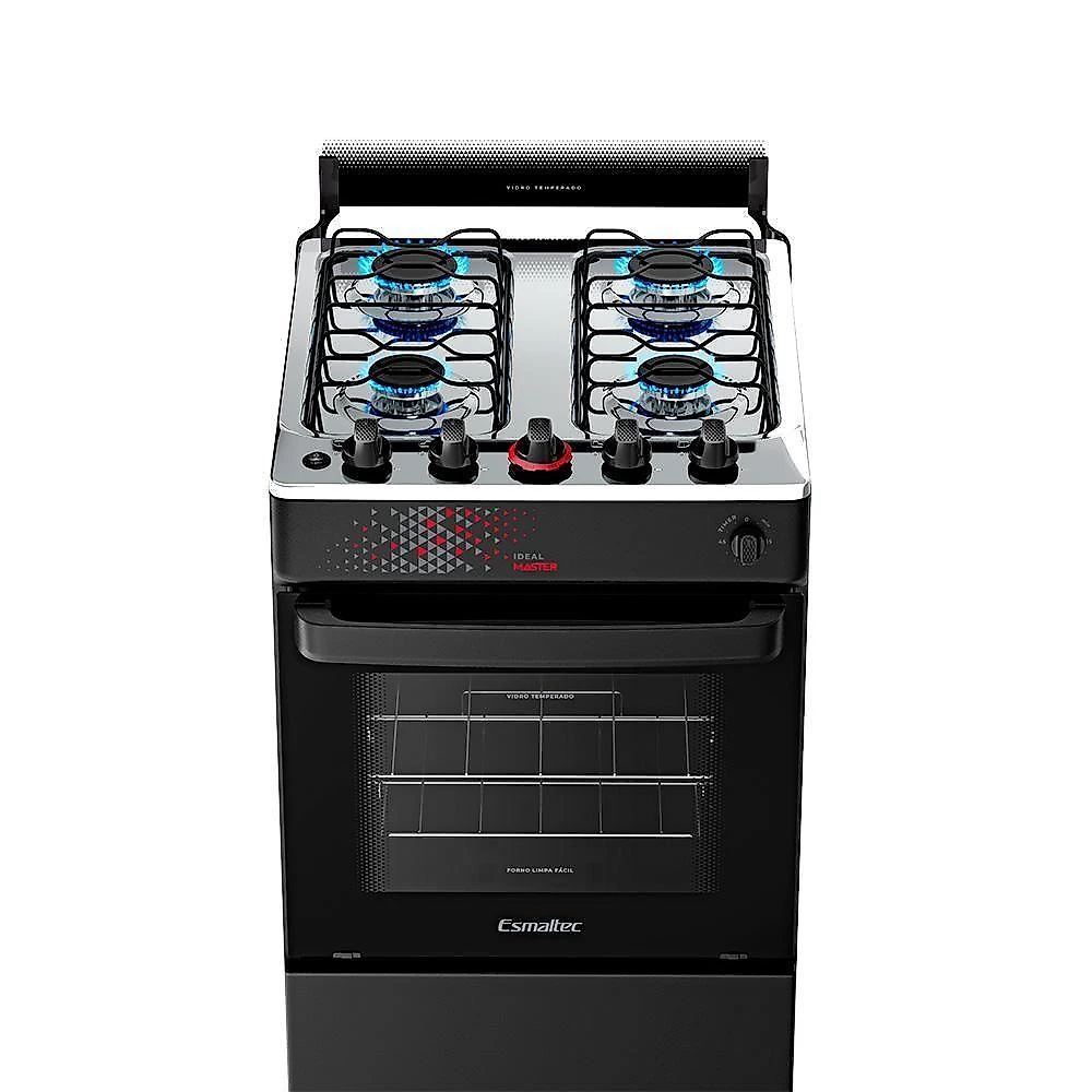 Fogão A Gás Mesa Inox Tampa De Vidro Forno 50L Esmaltec Ideal Master Preto 4 Bocas Bivolt