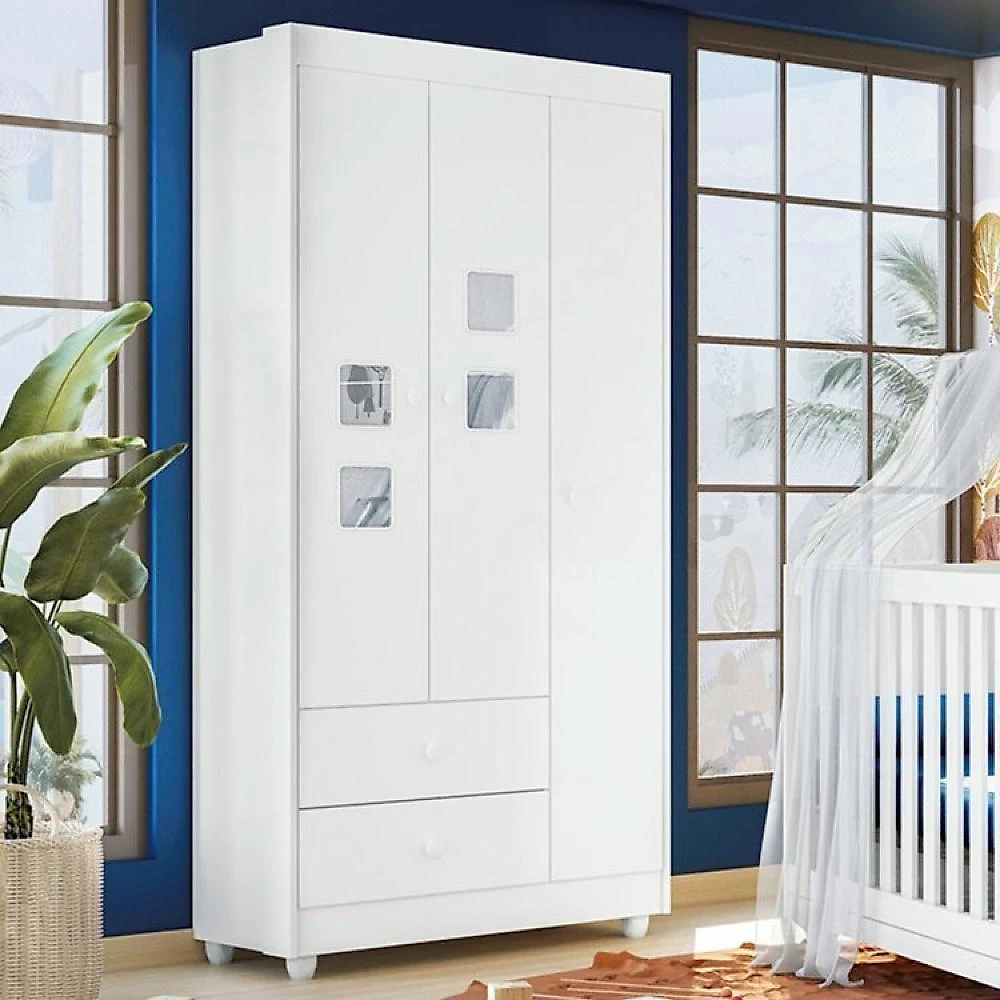 Quarto de Bebê com Berço com Suporte, Cômoda 1 Porta 4 Gavetas Life e Roupeiro 3 Portas 2 Gavetas Branco