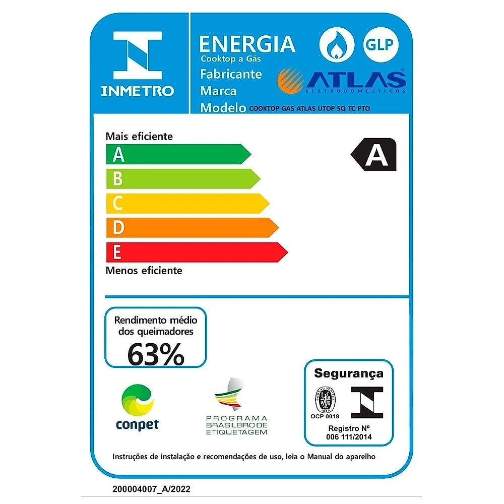 Cooktop 5 Bocas Atlas U Top Acendimento Superautomático com Tripla Chama, Preto Bivolt