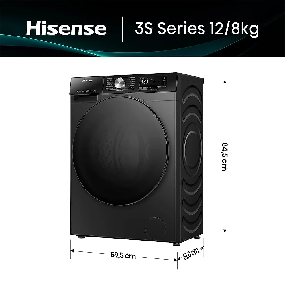 Lava & Seca Hisense Serie 3S 12/8kg Inverter Função Steam e Wifi Preta com 10 Programas de Lavagem - WD3S1243BB 220
