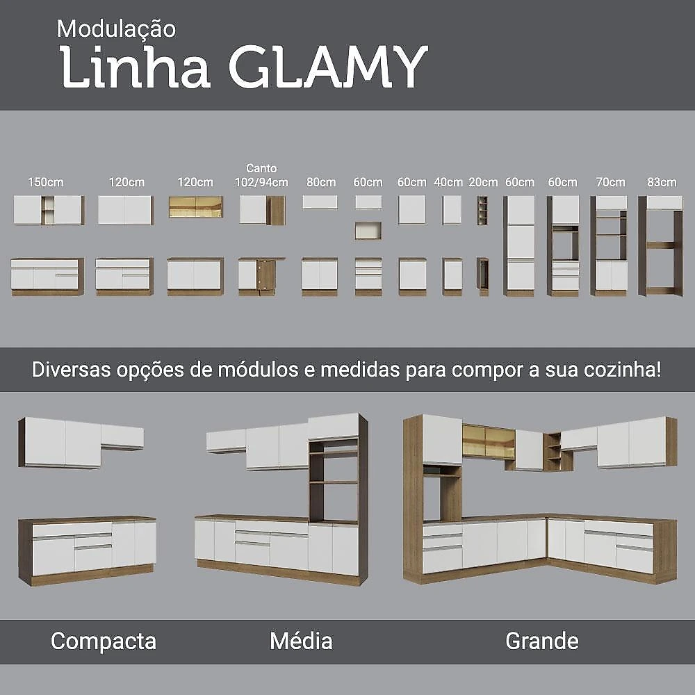 Cozinha compacta madesa glamy 180006 com armário e balcão (sem tampo e pia) - rustic/branco