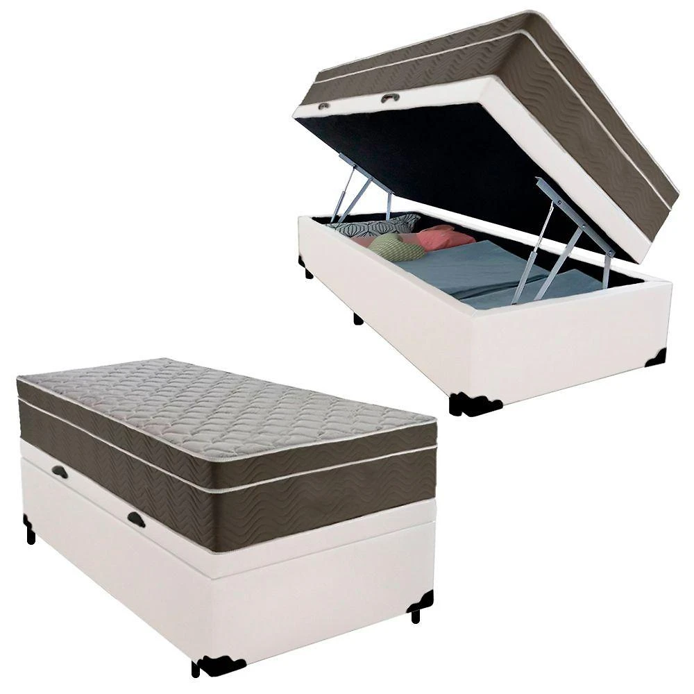 Cama Box Baú Solteiro Sintético + Colchão De Molas Ensacadas - Sereneprime - 88cm Branco
