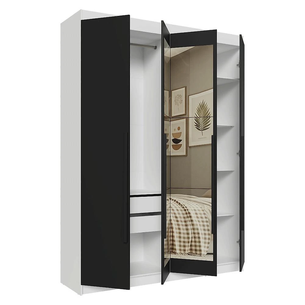 Guarda-roupa solteiro 4 portas batentes com espelho branco/preto/preto venus madesa