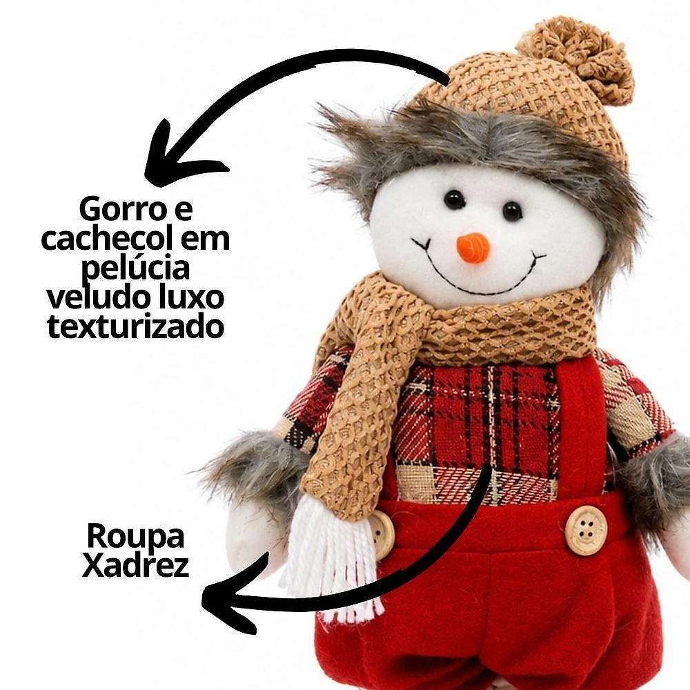 Conjunto Papai Noel e Boneco de Neve Retráteis Decorativo com Sistema Estica e Encolhe Xadrez