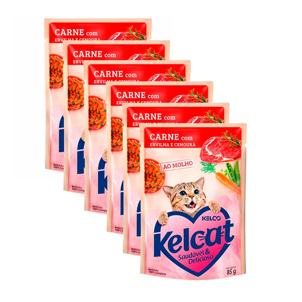 Ração Úmida para Gatos Kelcat Sabor Carne com Ervilha e Cenoura em Sachê 85g | Kit com seis unidades