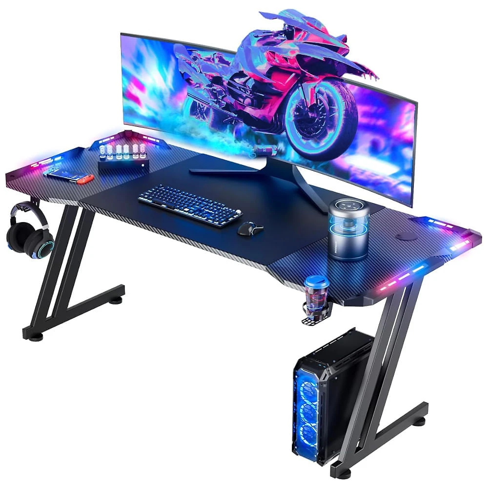 Mesa Gamer Ergonômica 63" 160 cm com Superficie de Fibra de Carbono, Gancho para Fone de Ouvido, Luz LED e Porta-Copos, 110V, HLDIRECT MLDD63, Preto