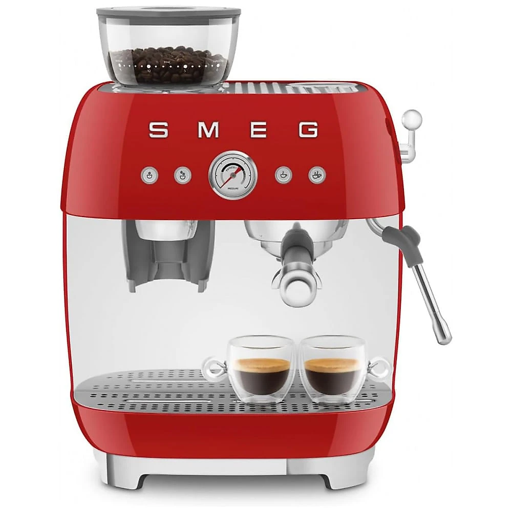 Máquina de espresso semi‑automática Smeg vermelho retrô com moedor integrado, duplo termobloco, porta‑filtro 58 mm e reservatório 2,4L, 110V