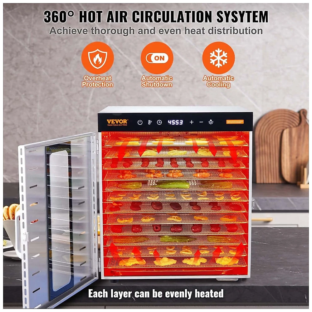 Desidratador de Alimentos VEVOR 10 Bandejas Prata 1000W com Timer e Temperatura Ajustáveis 240V