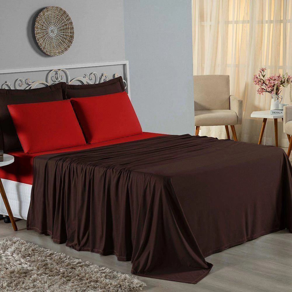 Jogo De Cama Casal Nobre 4 Peças Lençol Com Elástico De 30cm De Altura Malha 100% Algodão - Marrom / Vermelho