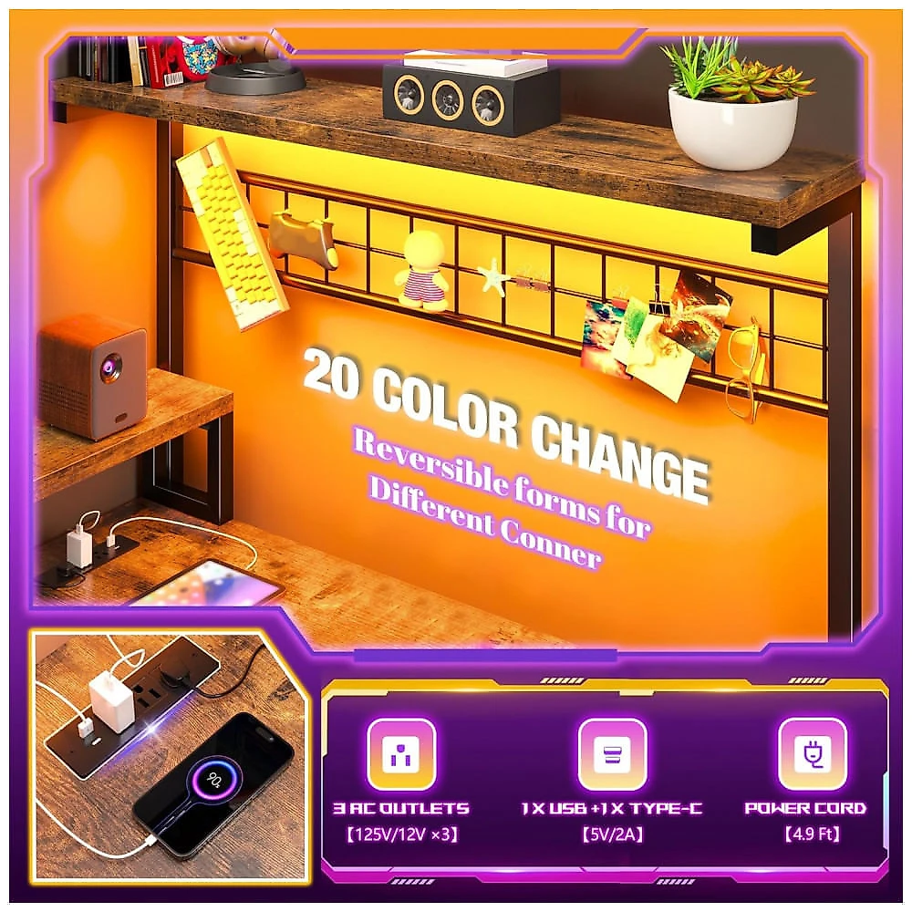 Mesa Gamer em L EnHomee 160 cm com Luzes LED e Tomadas Elétricas, Design Reversível com Prateleiras de Armazenamento e Ganchos, Suporte para Monitor